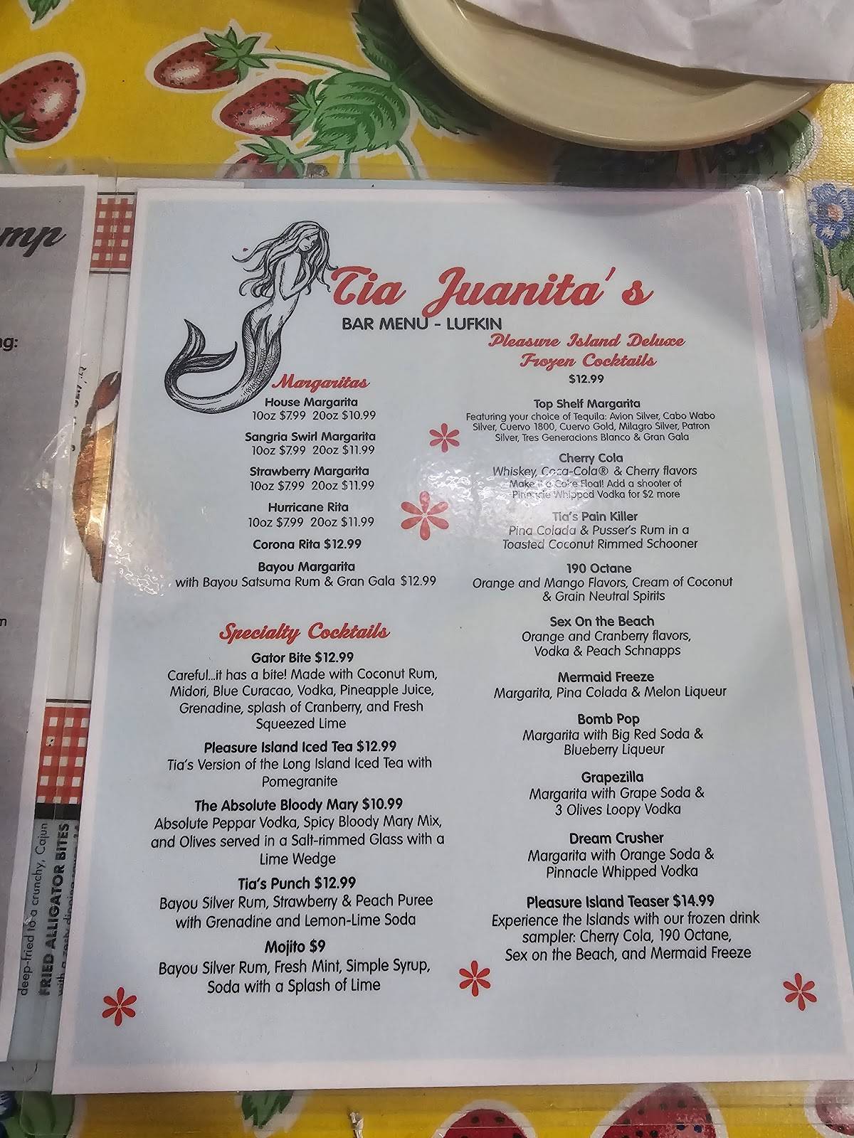 Menu at Tia Juanita's Fish Camp restaurant, Lufkin