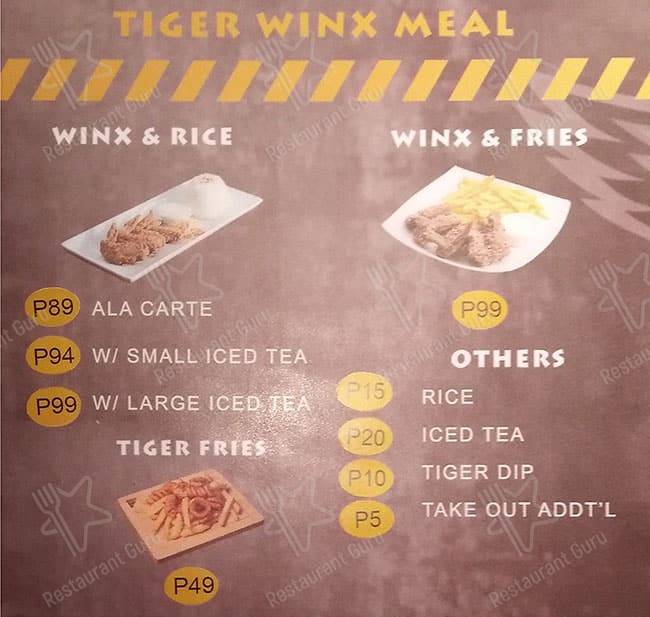 Carta del restaurante Tiger Winx, Manila