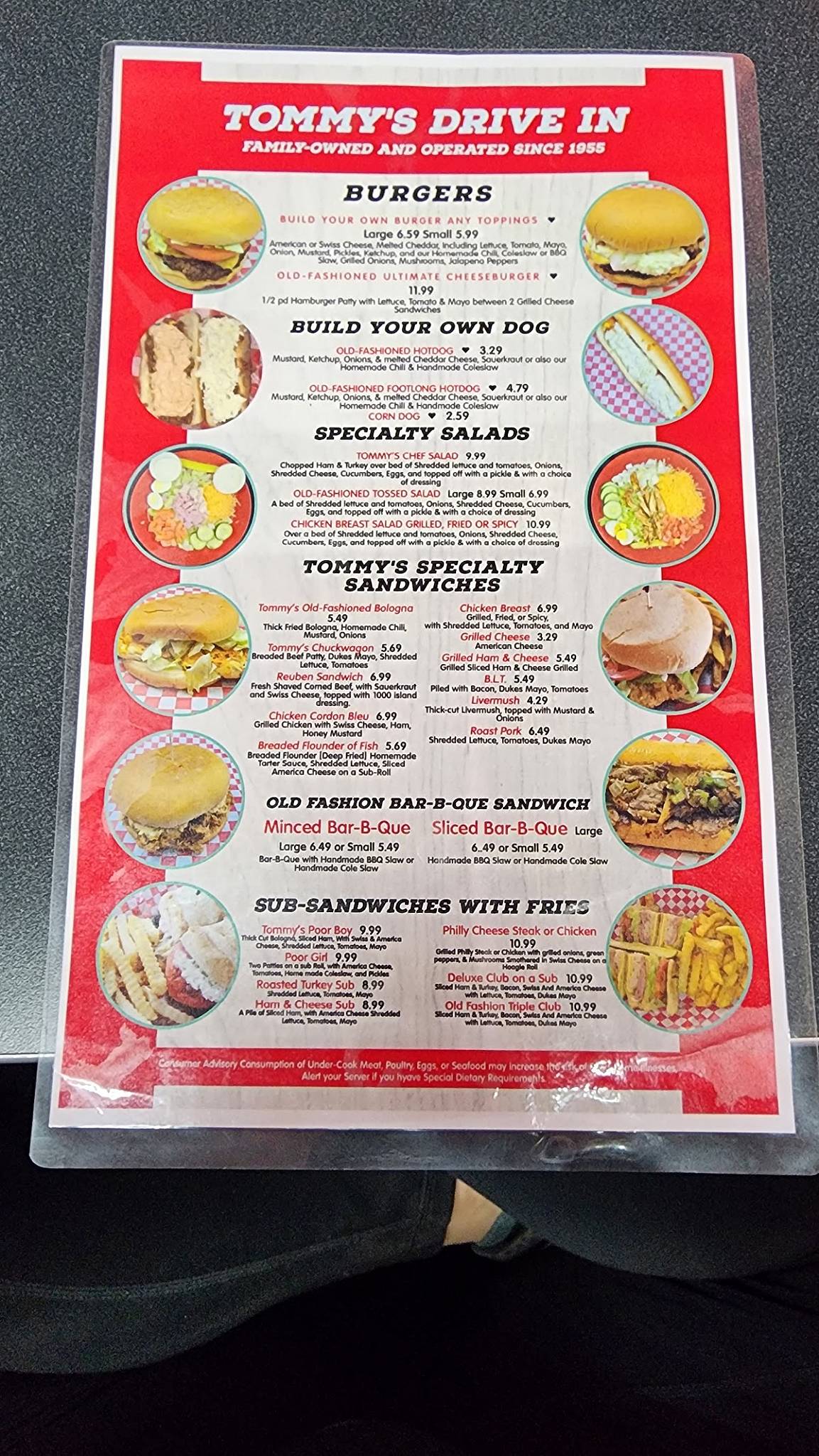 Menu at Tommy's Drive-In restaurant, Dallas, Gastonia Dallas Hwy