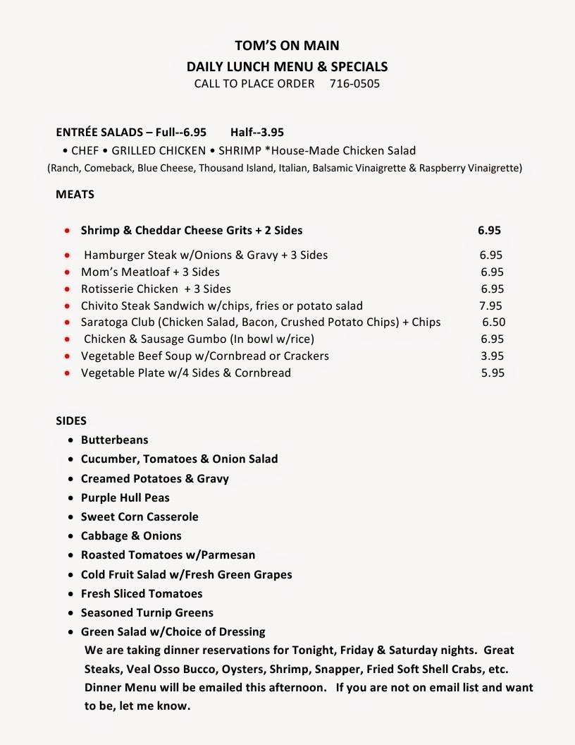 Menu at Tom's On Main restaurant, Yazoo City