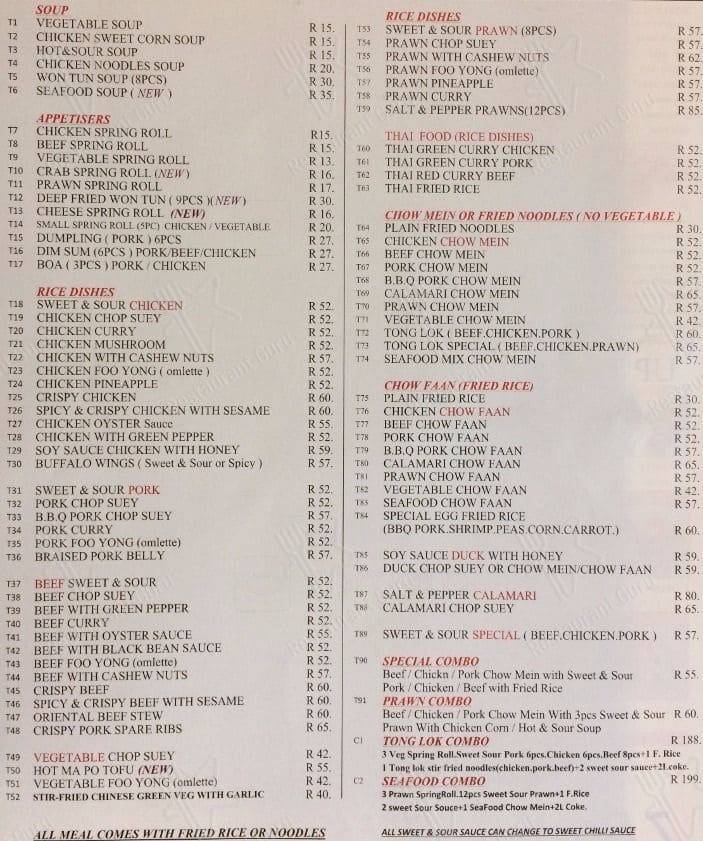 Menu at Tong Lok restaurant, New Redruth, Alberton Crossing