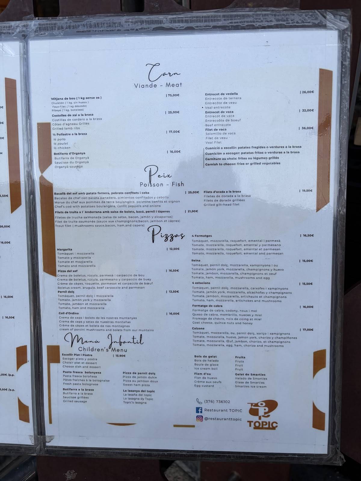 Menu de Topic Restaurant (Ordino)