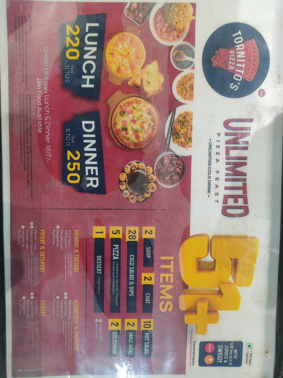 Tornitto's Pizza menu