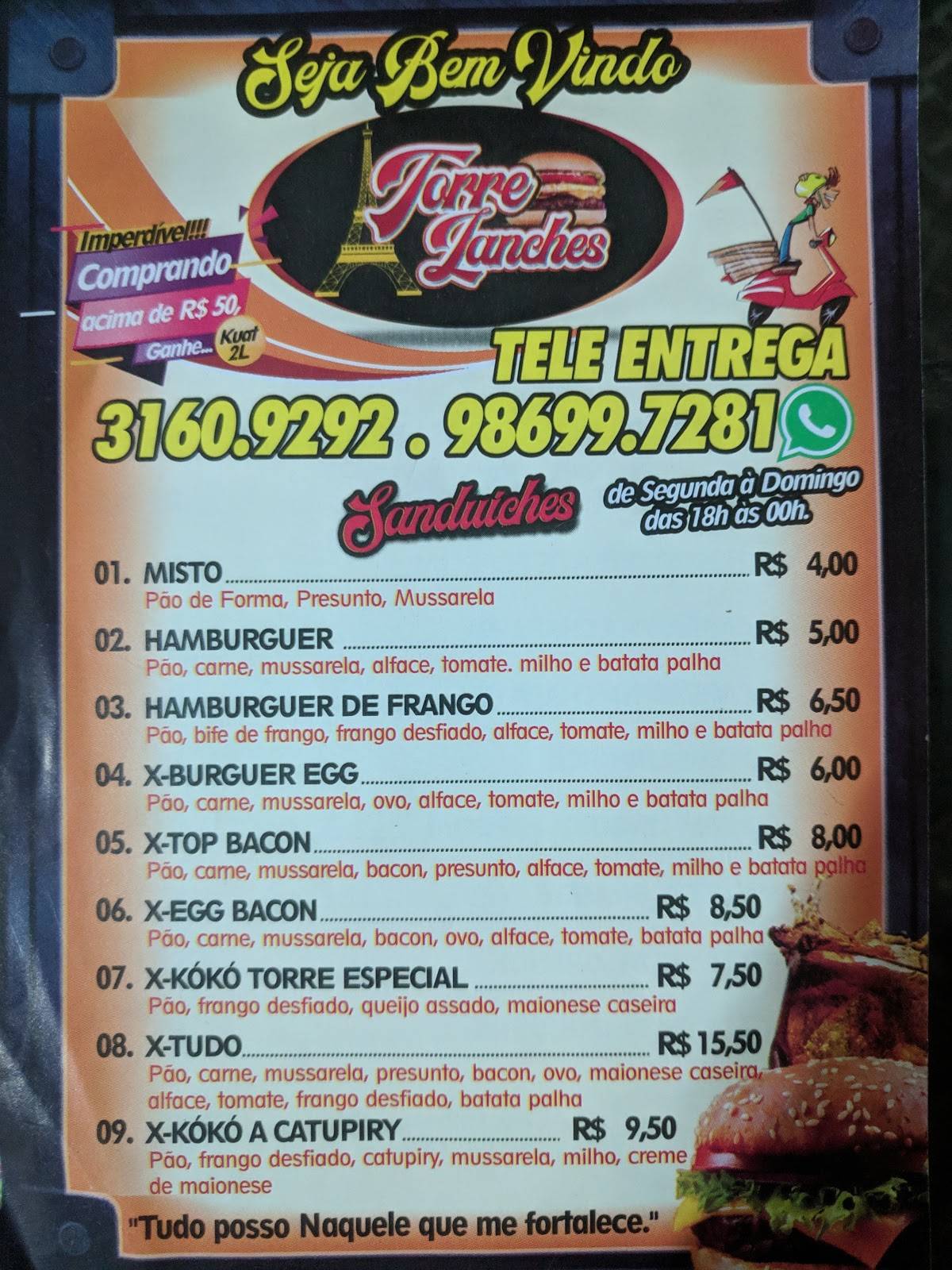Torre lanches cardápio