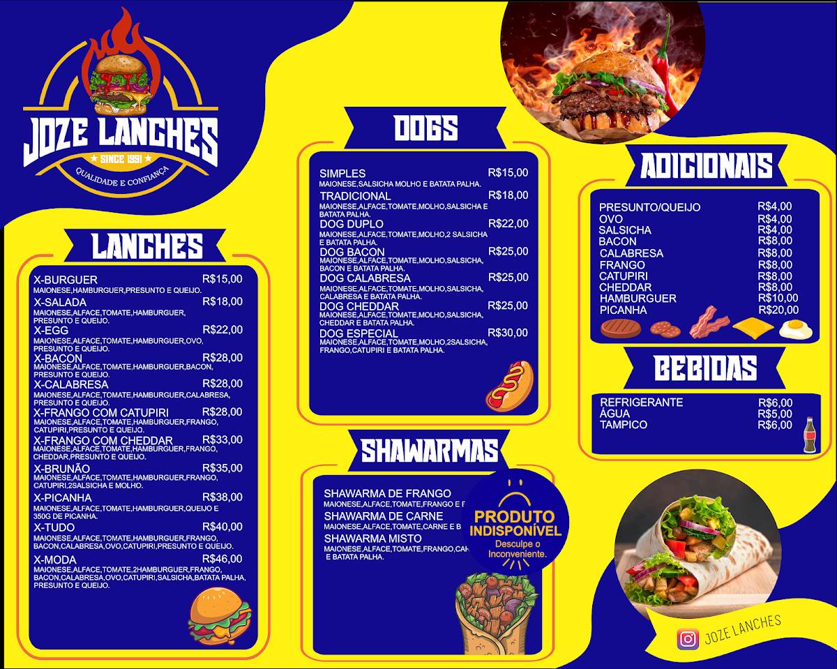 Trailer Joze Lanches cardápio