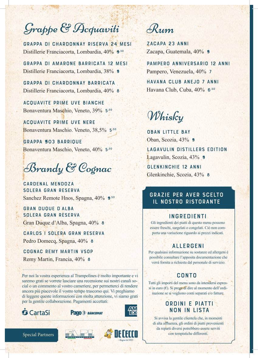Menu di Trampolines Cucina di mare, ristoratori dal 1963 