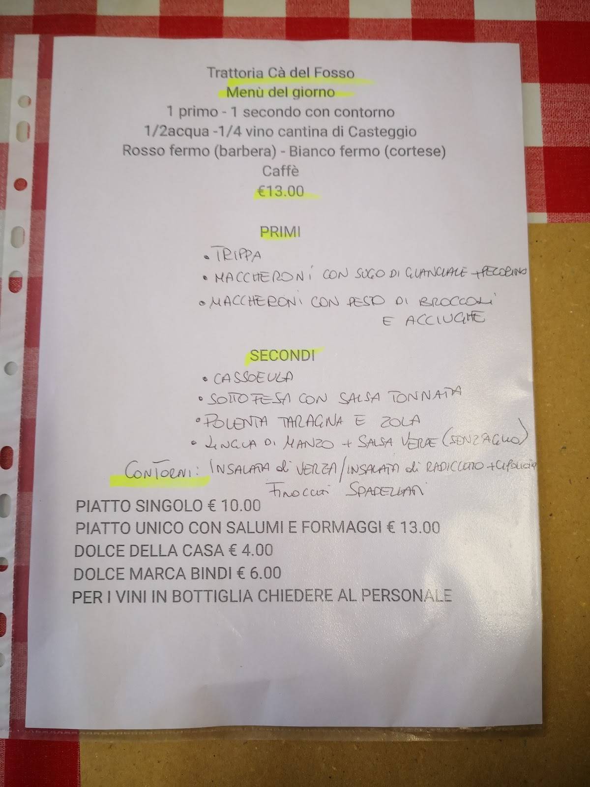 Menu di Trattoria Ca' del Fosso 