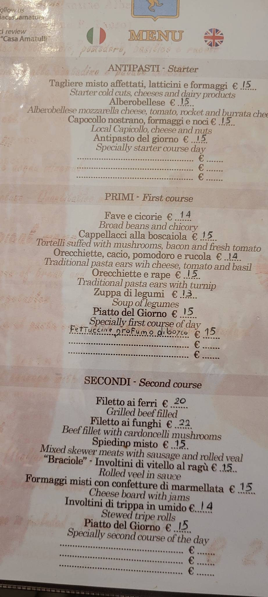 Menu di Trattoria "Casa Amatulli" di Gianvito Amatulli 