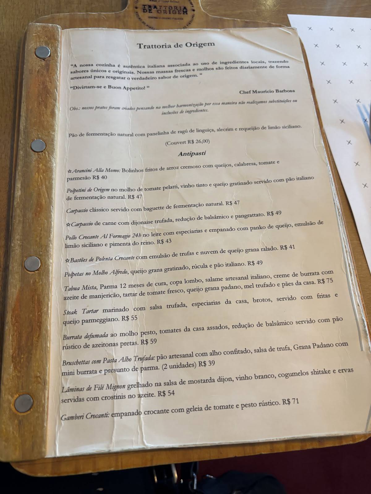 Trattoria de Origem cardápio
