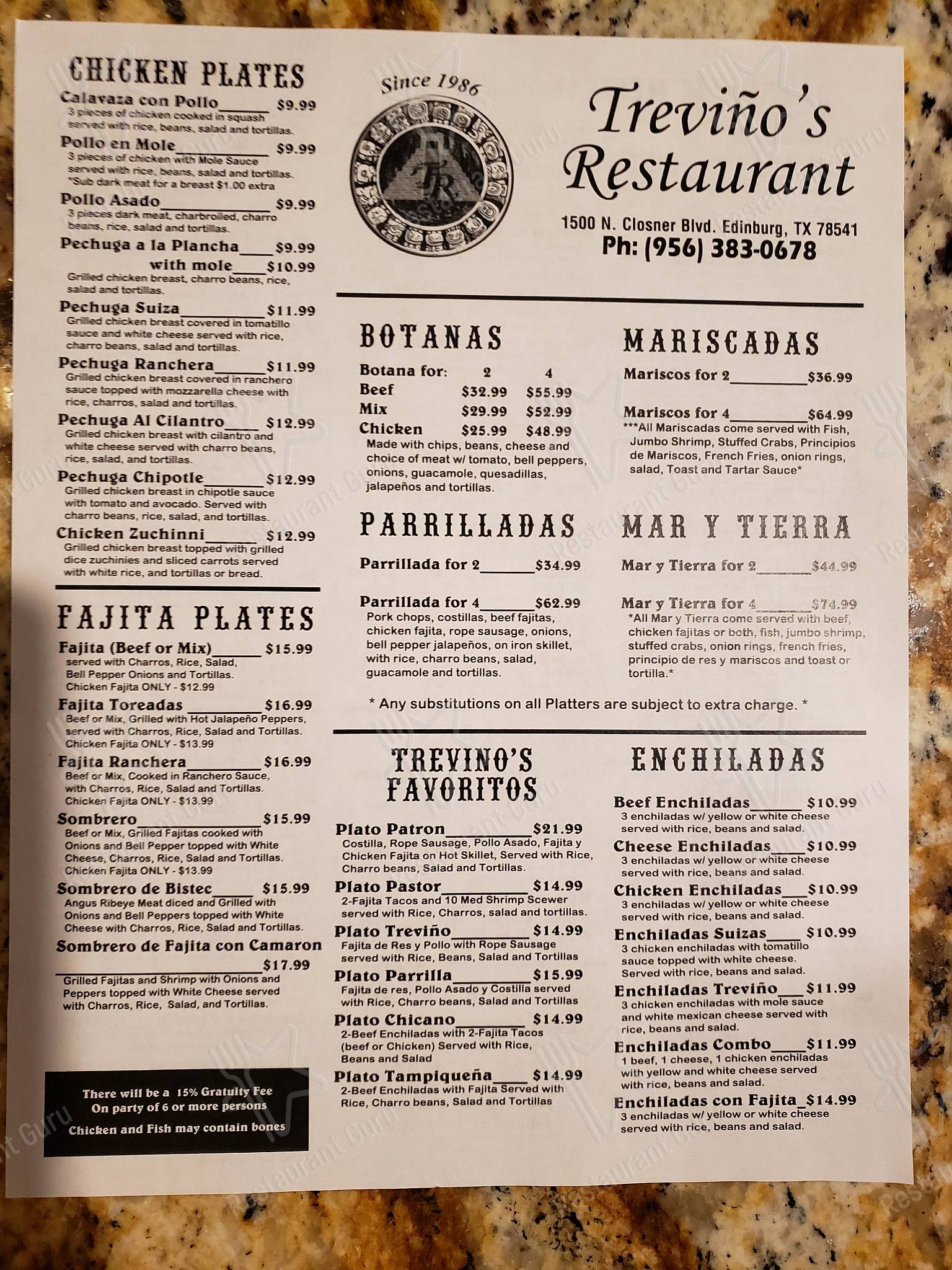 Menu at Trevino's Restaurant, Edinburg