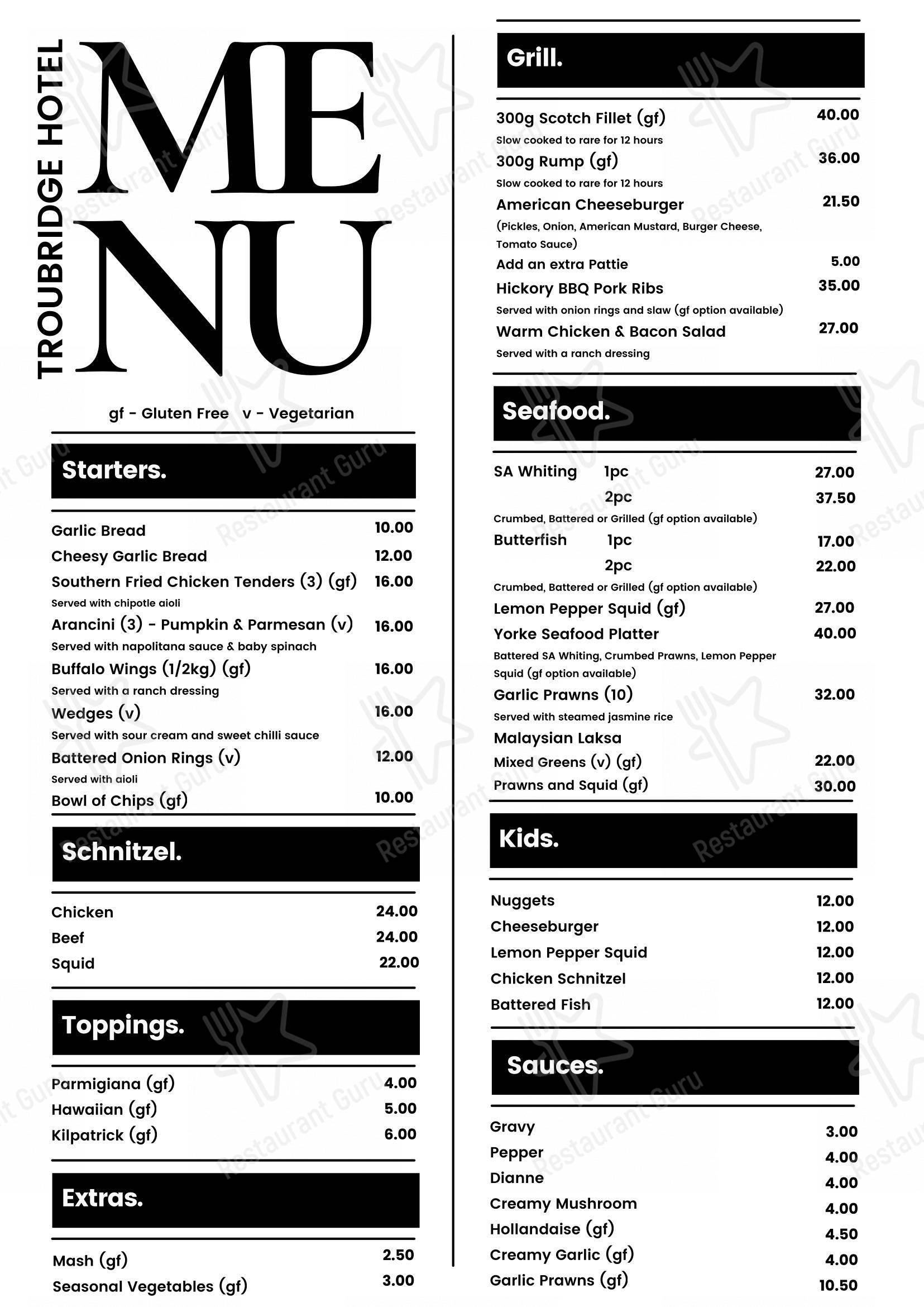 Menu at Troubridge Hotel Motel pub & bar, Edithburgh
