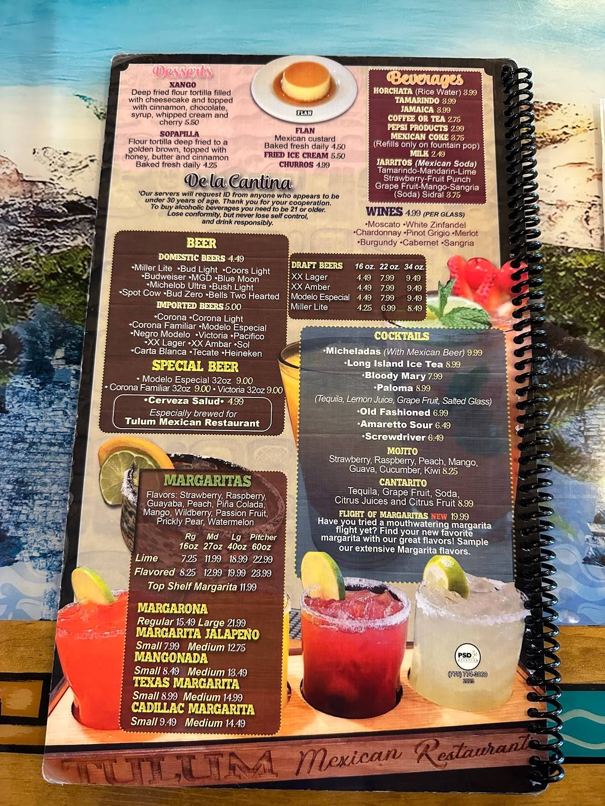 Menu at Tulum restaurant, Plover