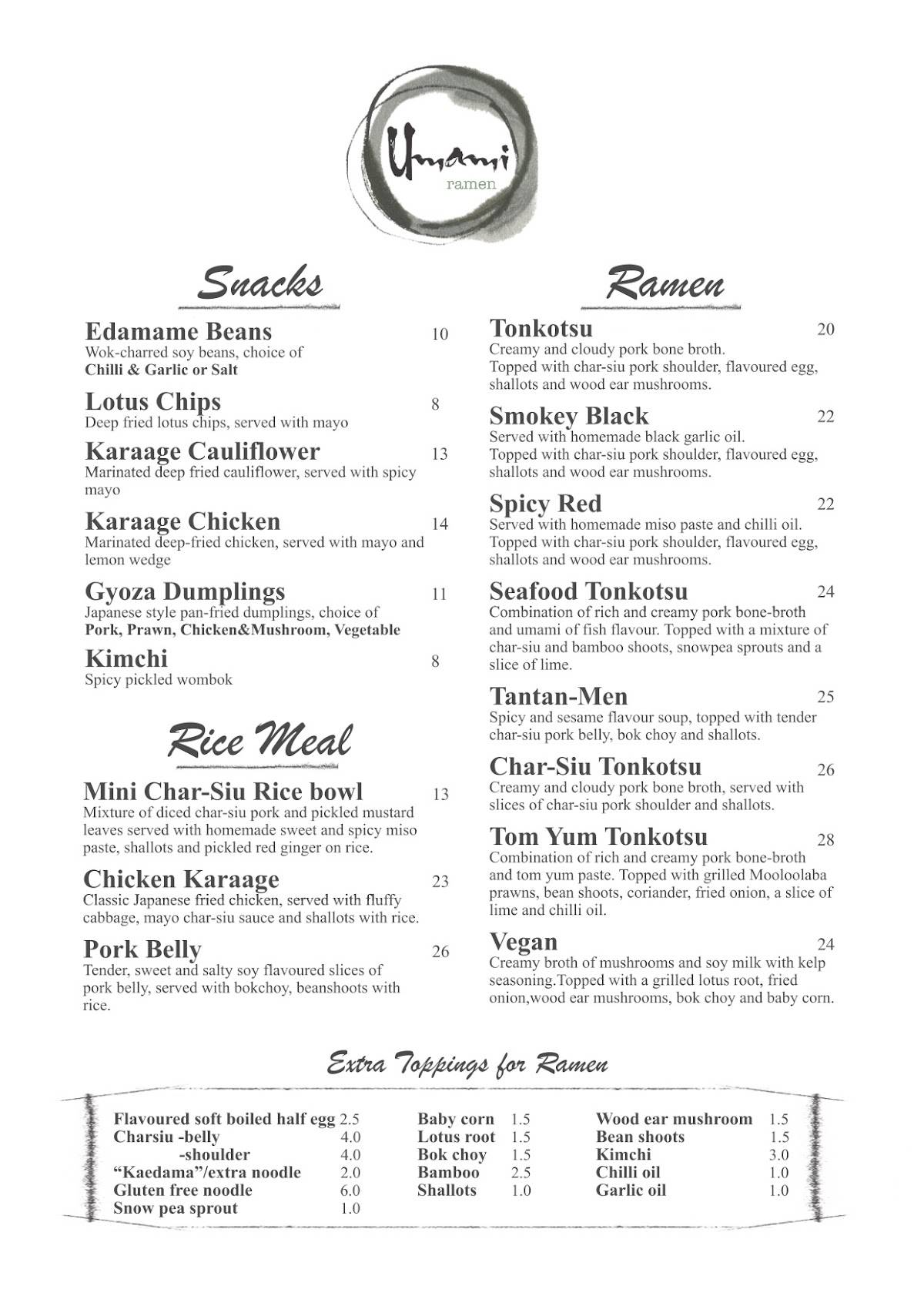 Menu at Umami Ramen restaurant, Maroochydore