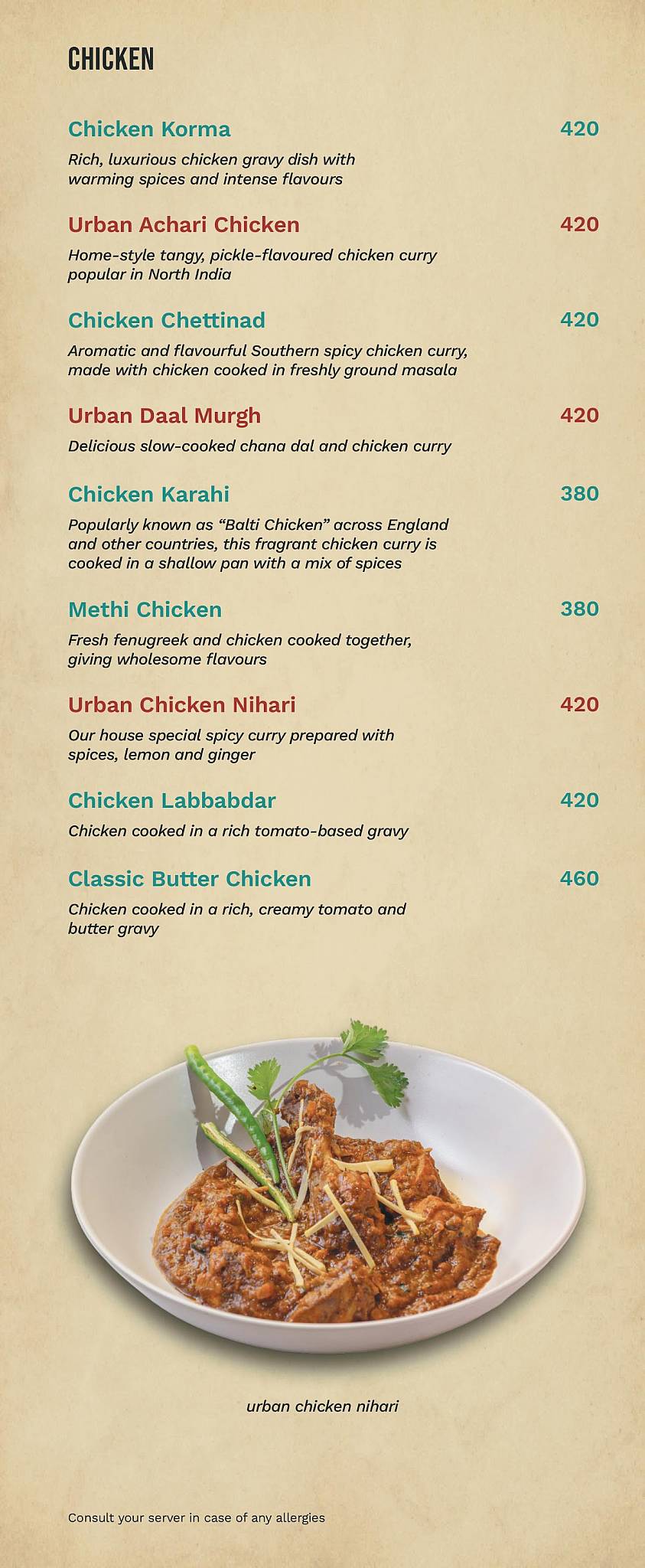 Urban Indian menu