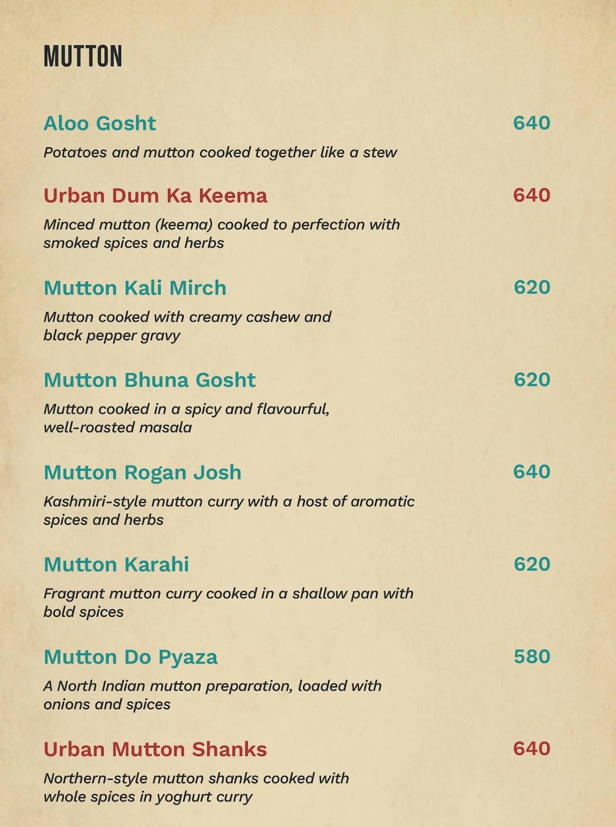 Urban Indian menu