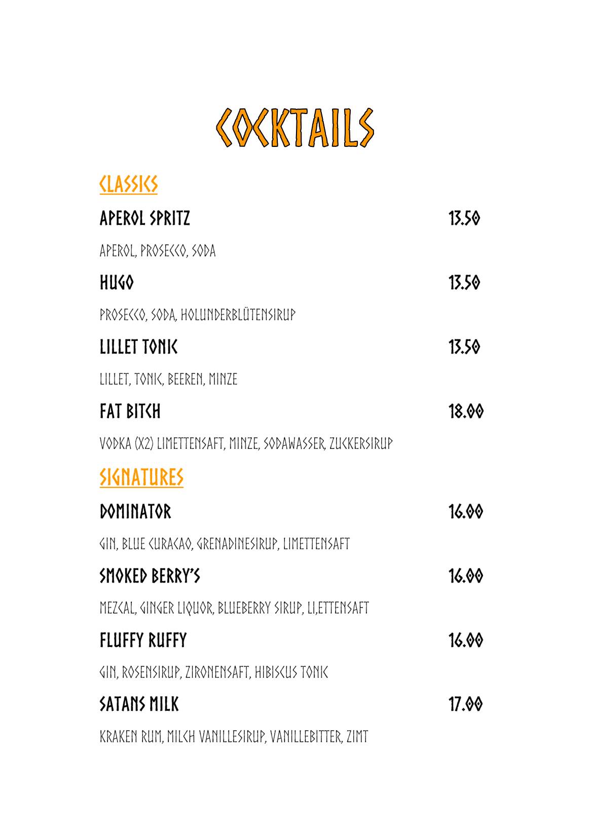 Menu di Valhalla Bar Basel 