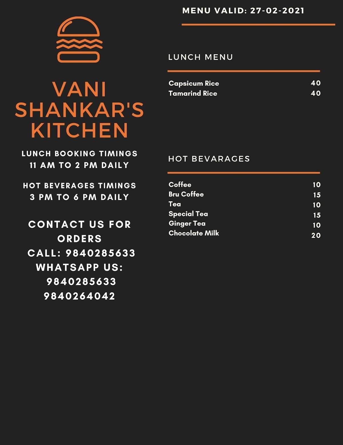Vani Shankar's Kitchen menu
