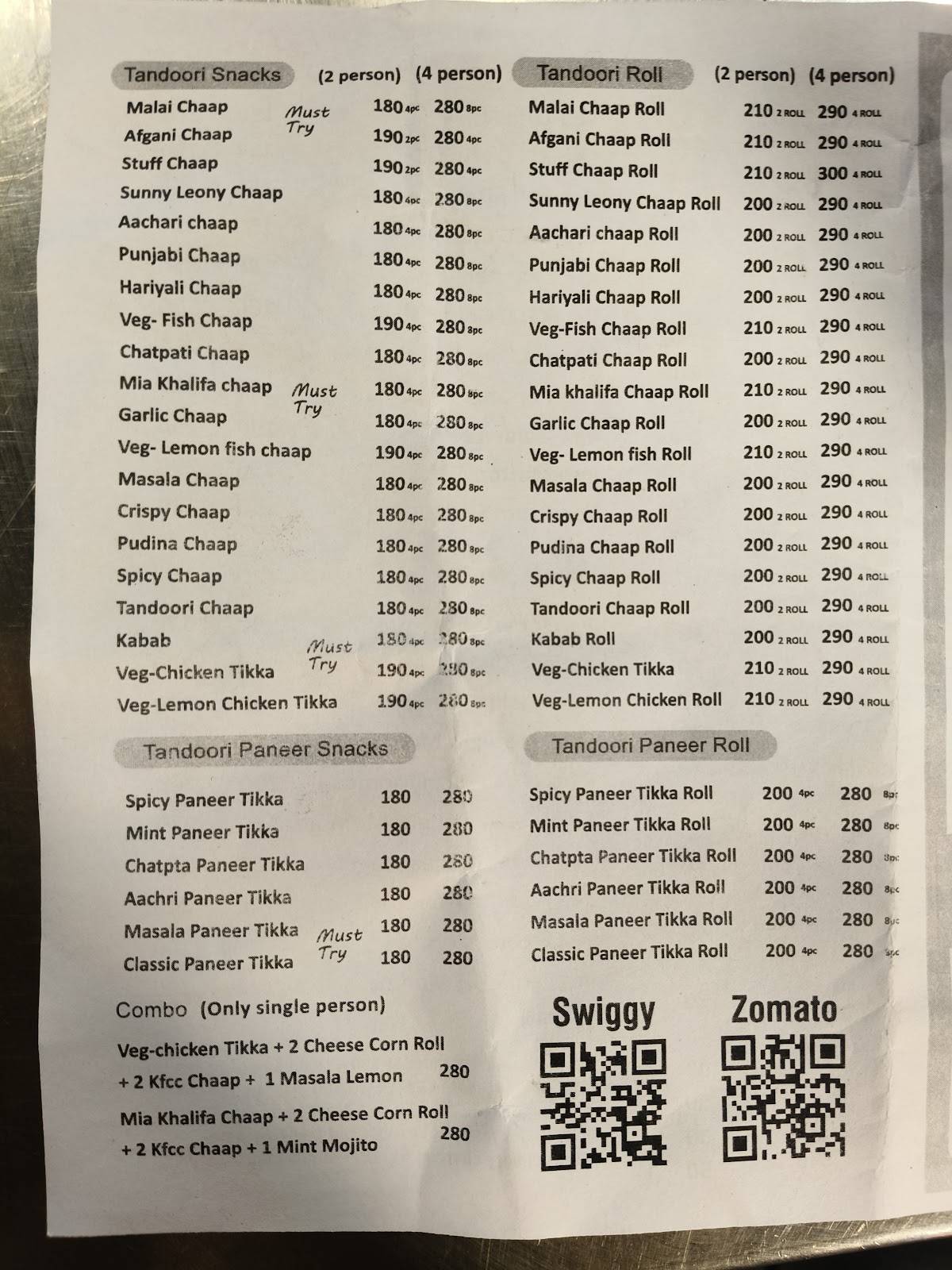 Ustad Ji Malai Chaap wale Ashok Nagar menu