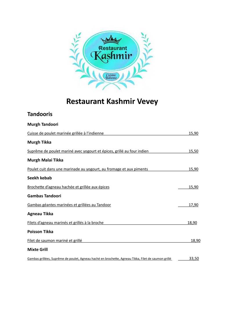 Menu di Kashmir Restaurant Vevey 