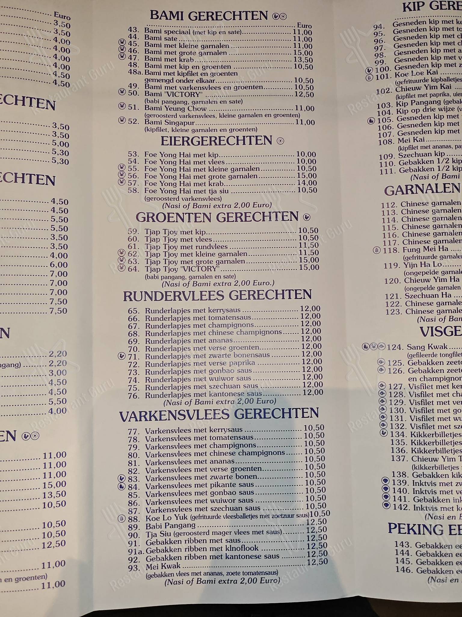 Menu pour Victory restaurant