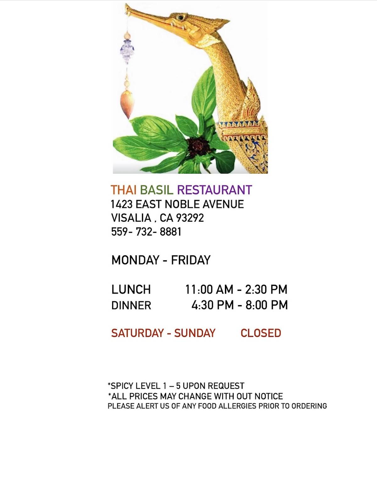 Menu at Thai Basil Restaurant, Visalia