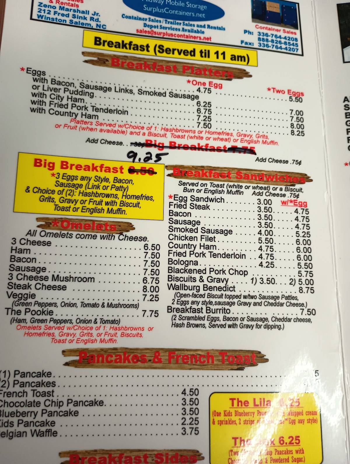 Menu at Wallburg Diner restaurant, Wallburg, NC109