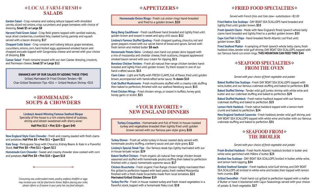Menu at Lindsey's Family Restaurant, Wareham