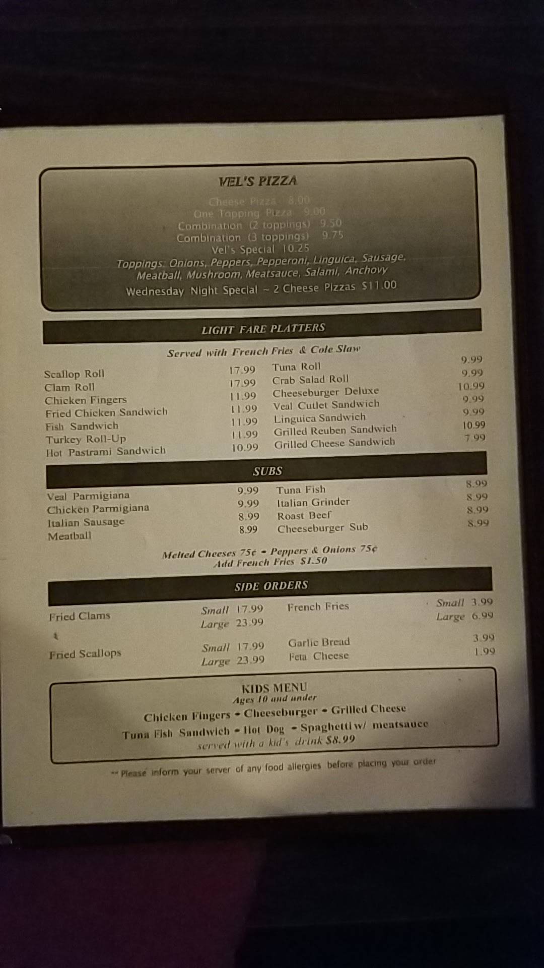 Menu at Vel's Family Restaurant & Lounge, Wareham