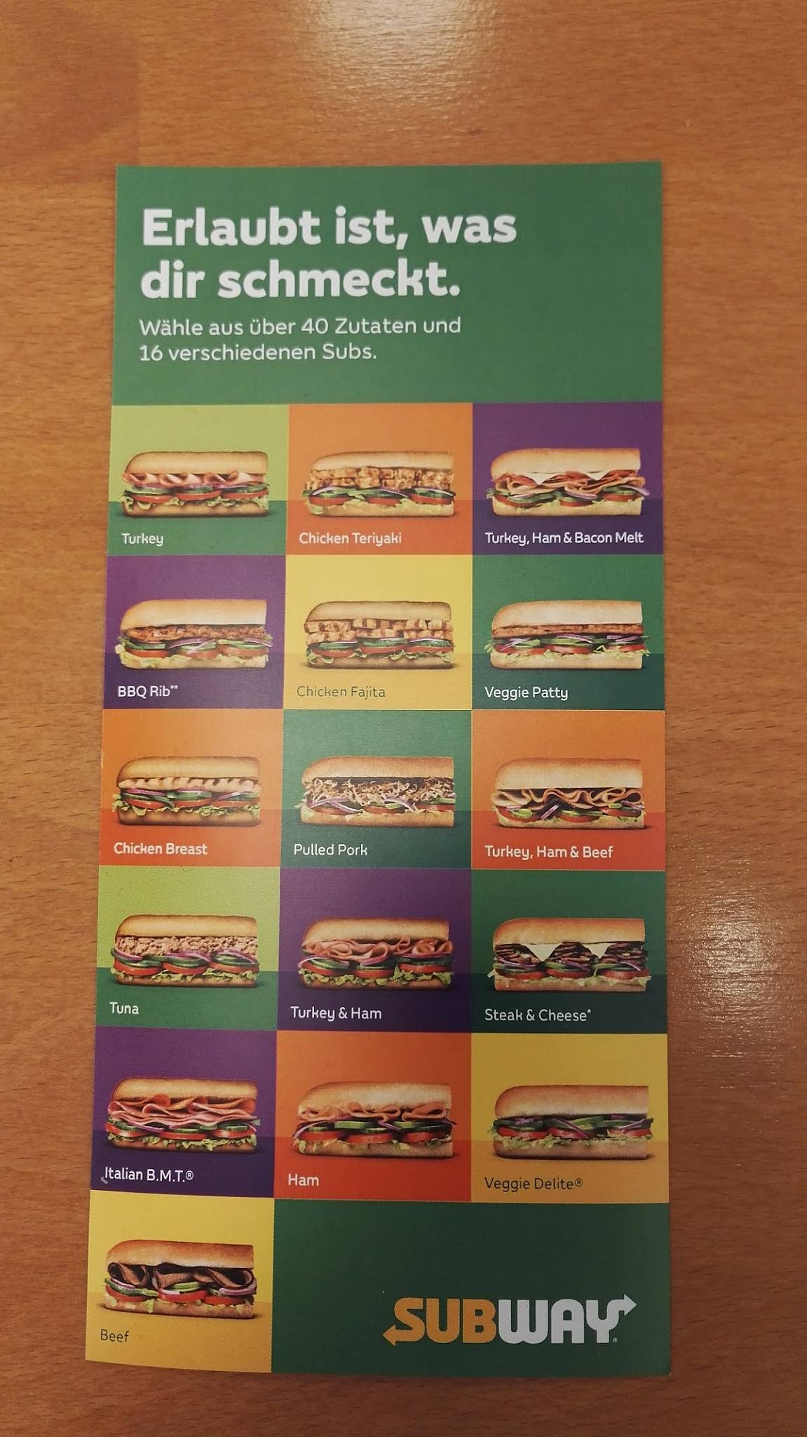 Menu de Subway