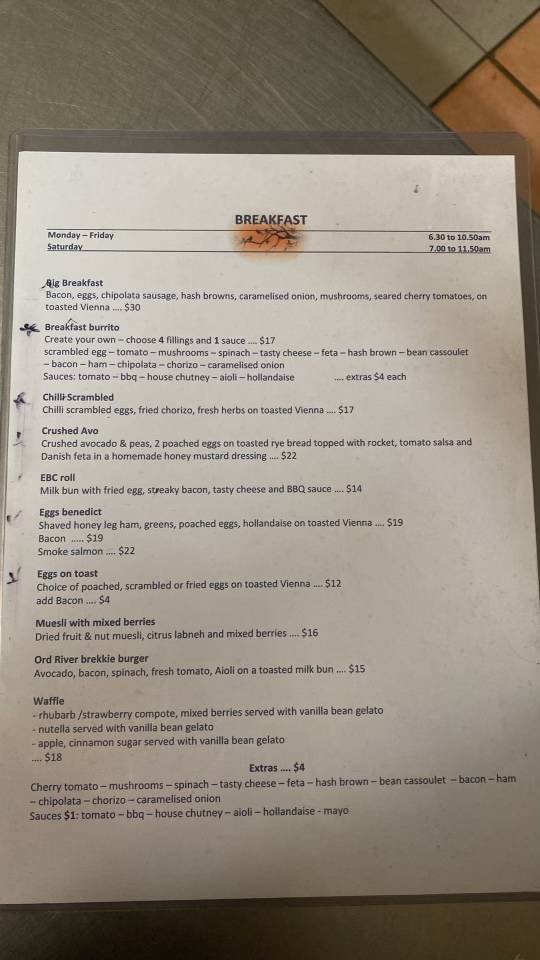 Menu at Wild Mango Cafe, Kununurra