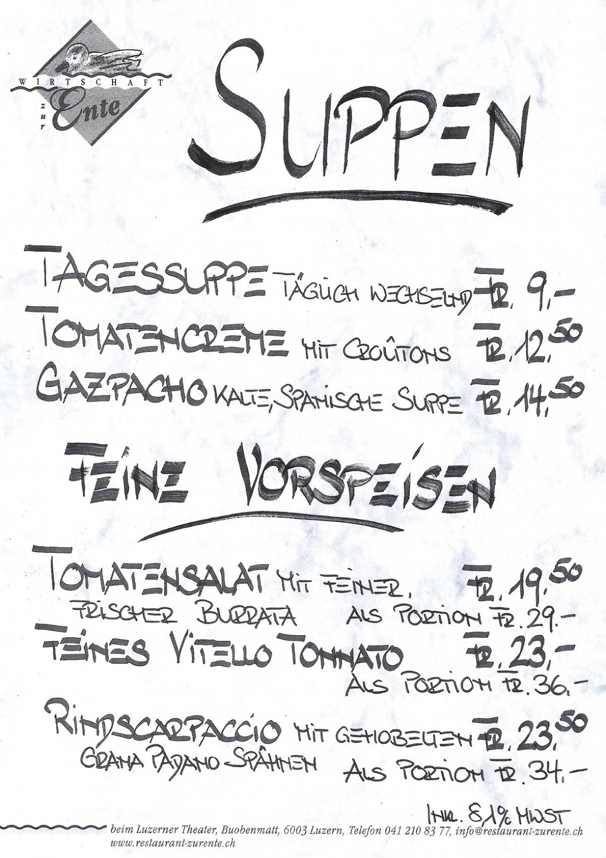 Menu di Wirtschaft zur Ente 