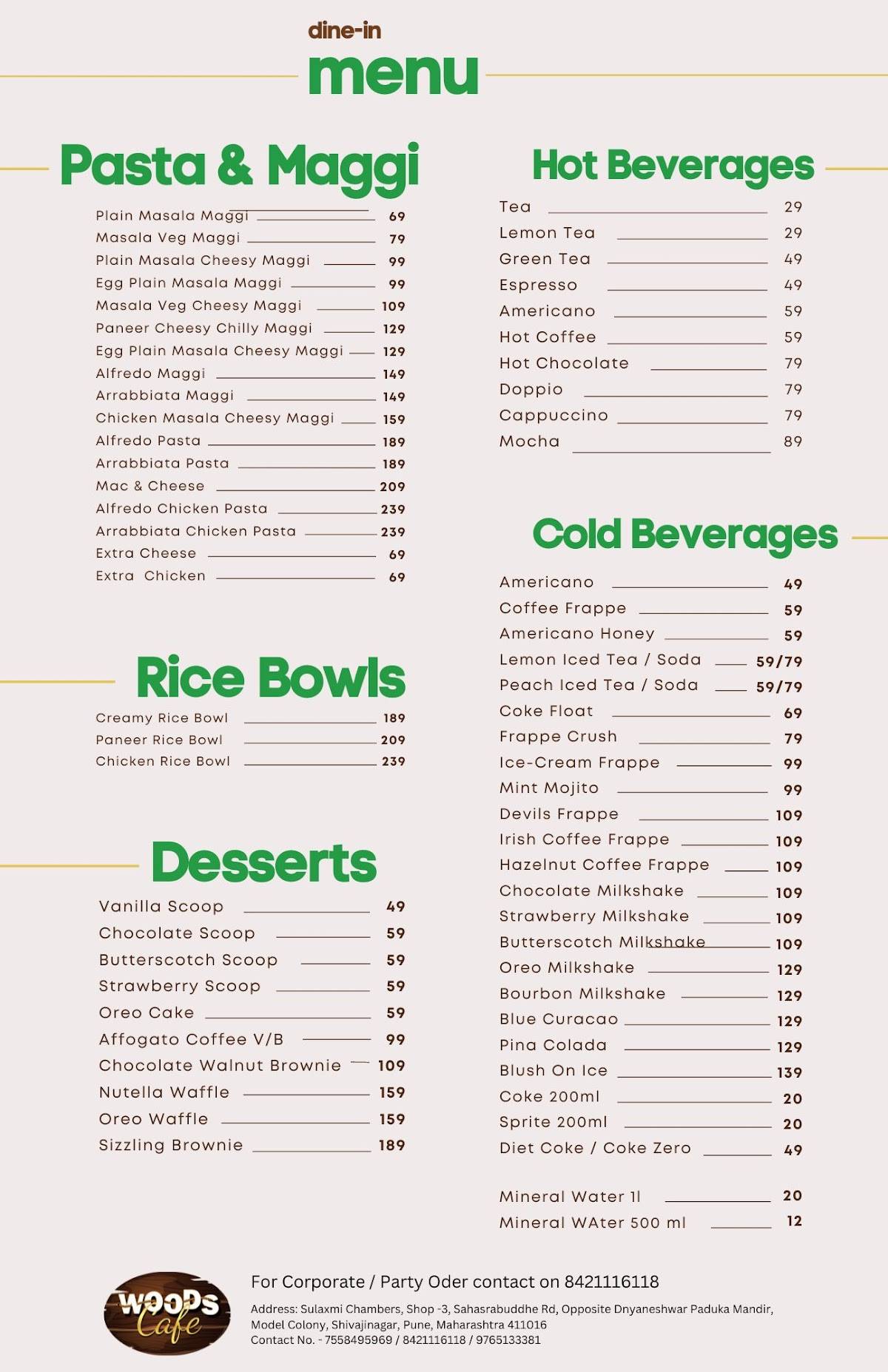 Woods Cafe menu