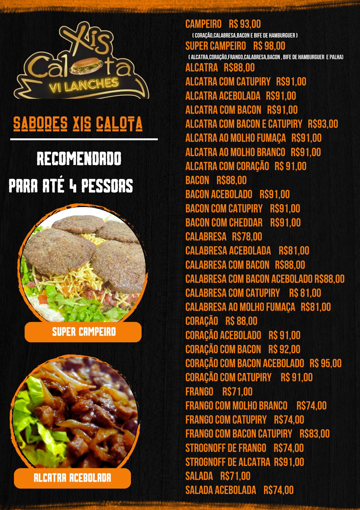Xis Calota Vi Lanches cardápio