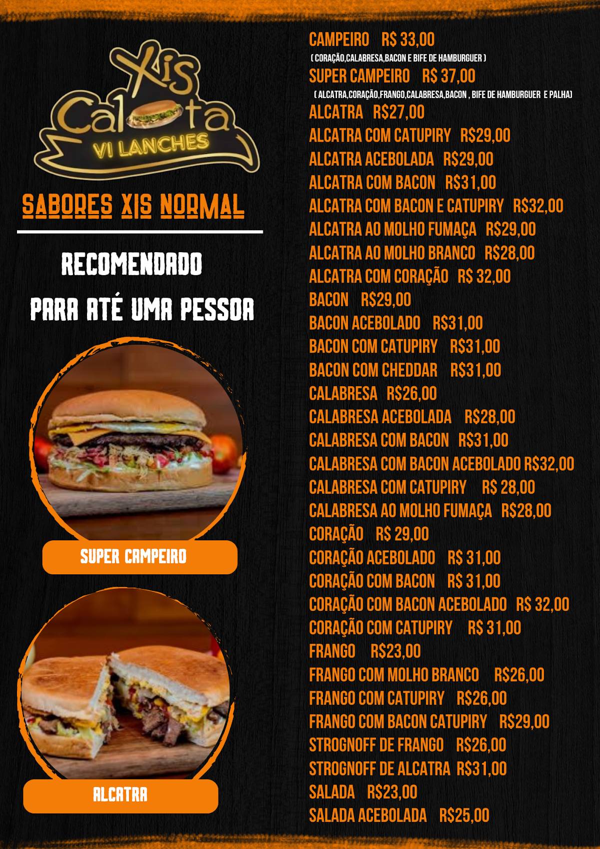 Xis Calota Vi Lanches cardápio