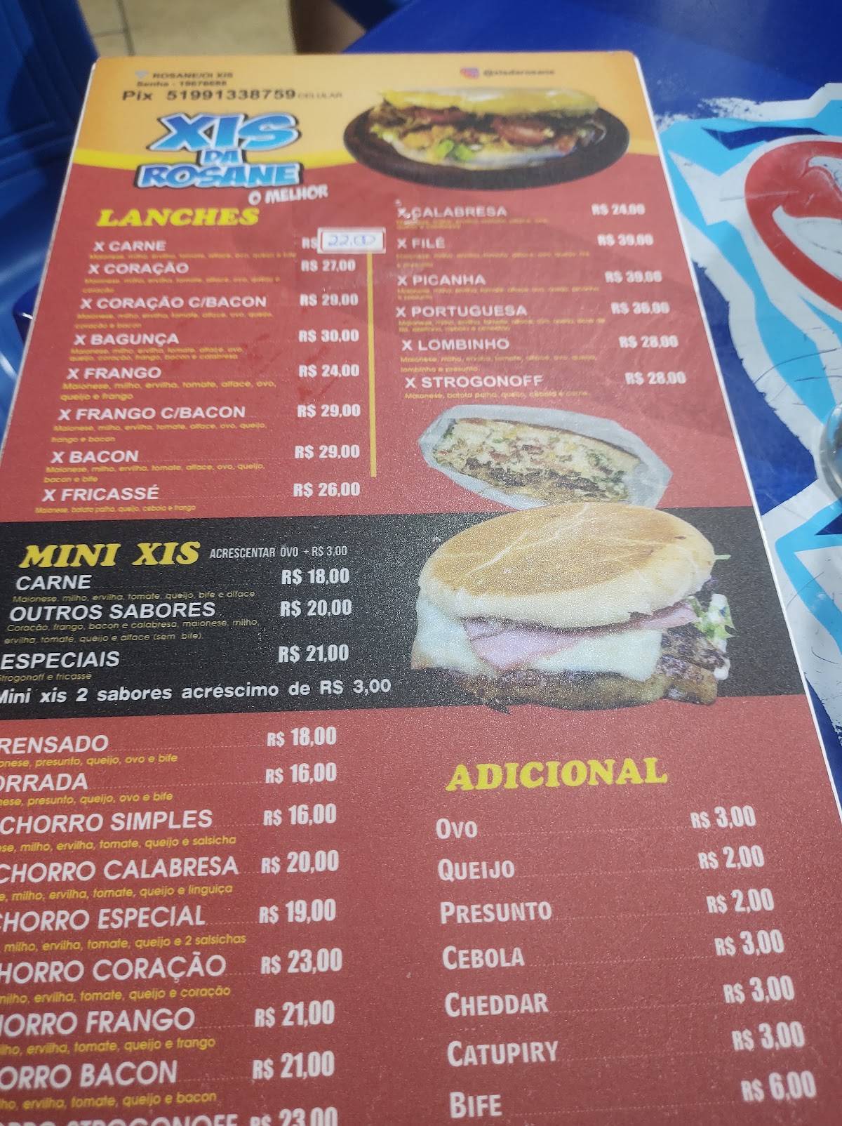 Xis da Rosane cardápio