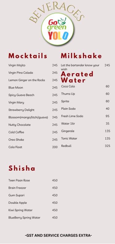 YOLO Lounge - Go Green (Bar Cum Restaurant) menu
