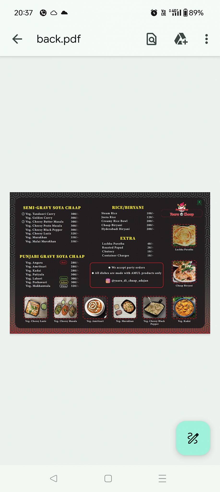 Yaara Di Chaap - Adajan menu