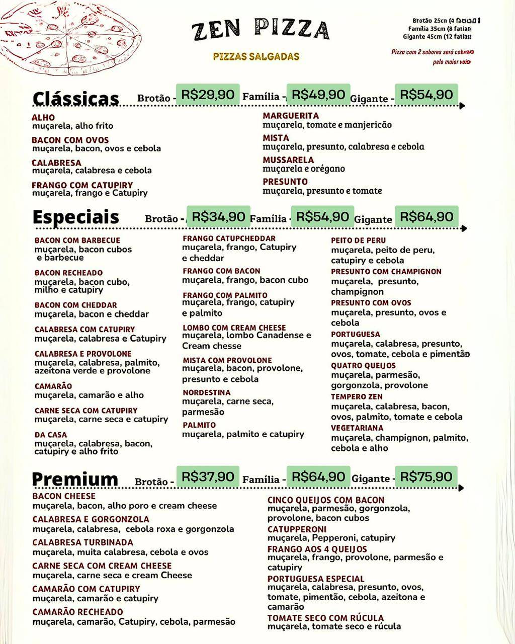 ZEN PIZZARIA E RESTAURANTE cardápio