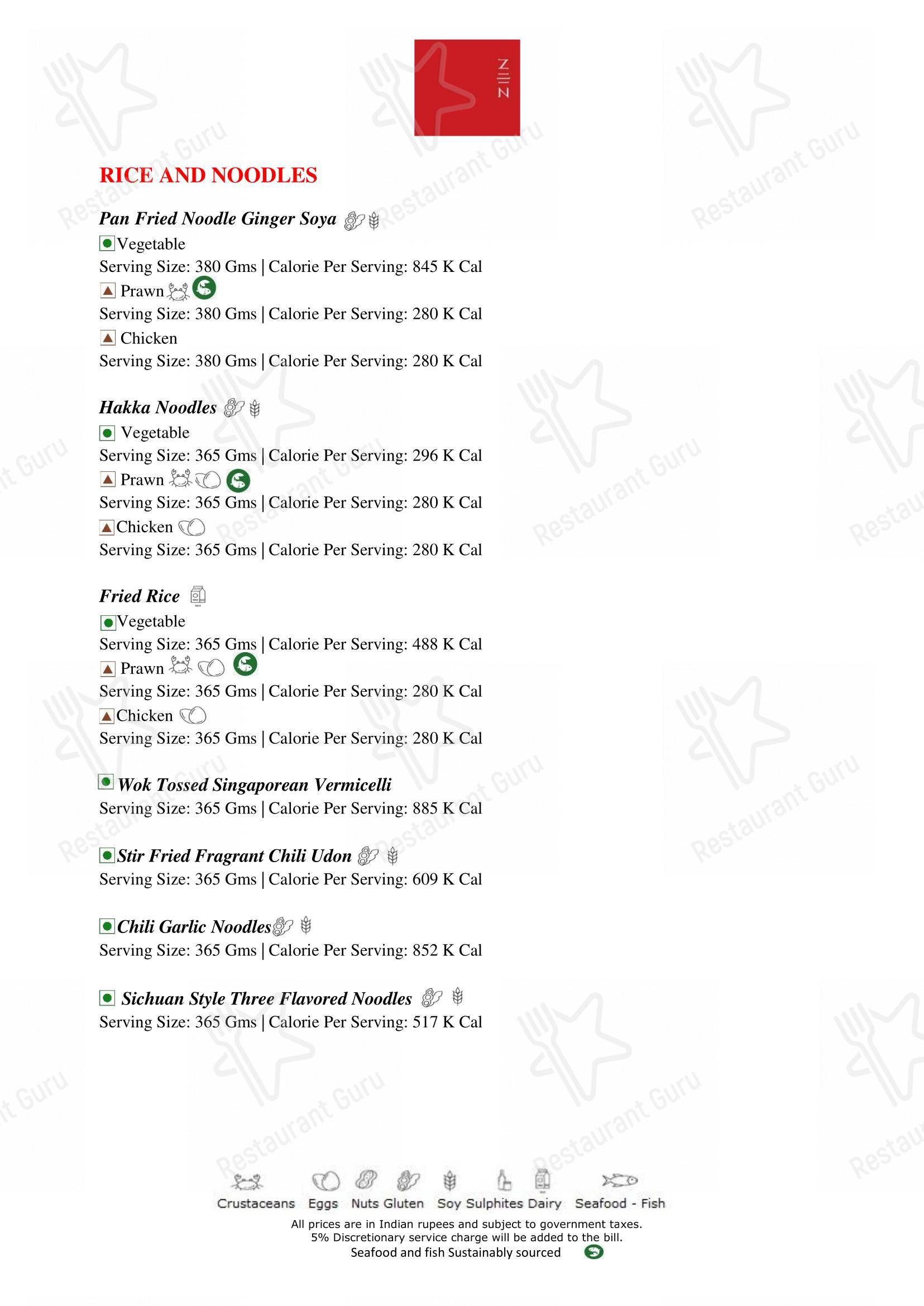 Menu for the Zen restaurant