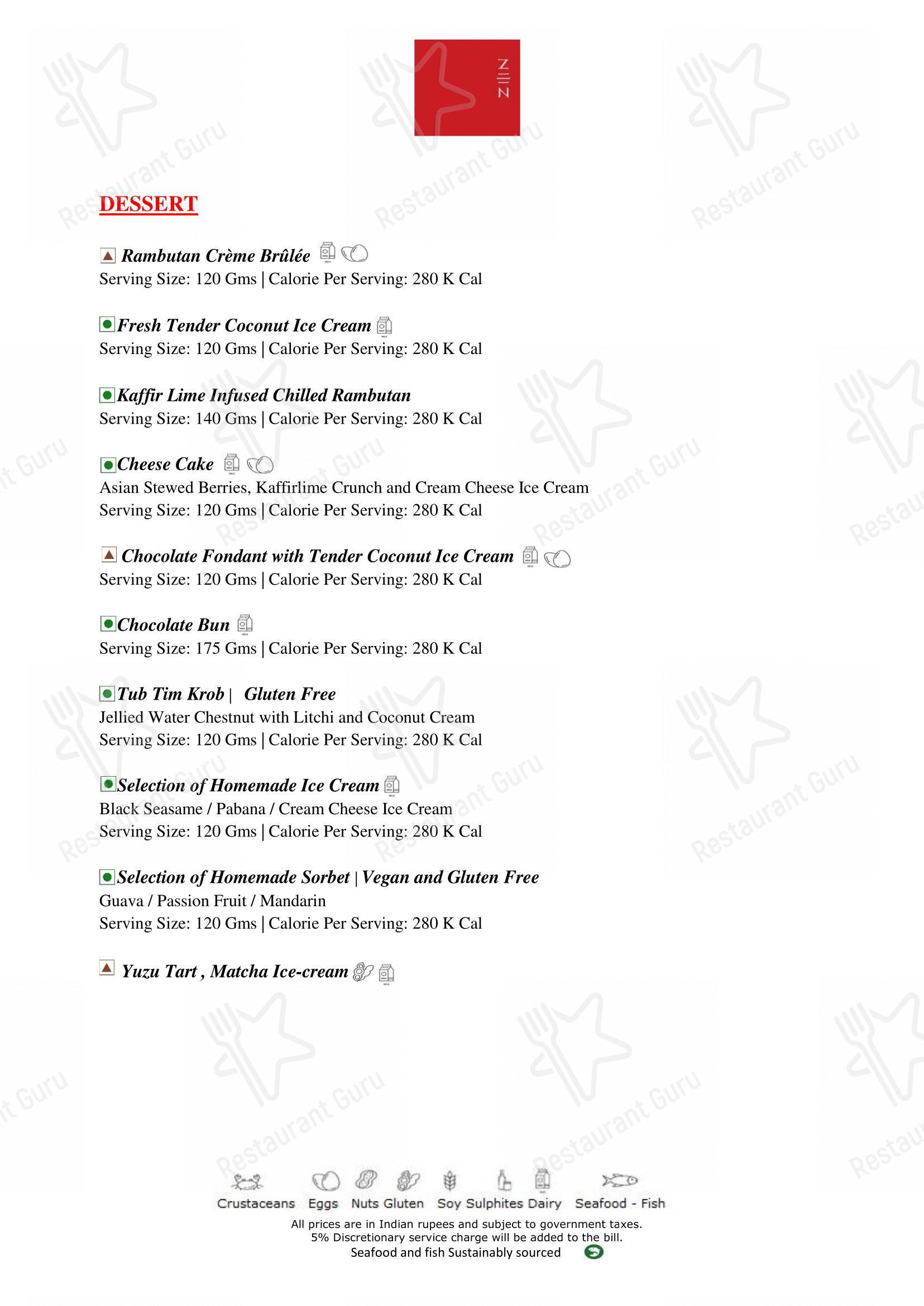 Zen in Bengaluru - Menu