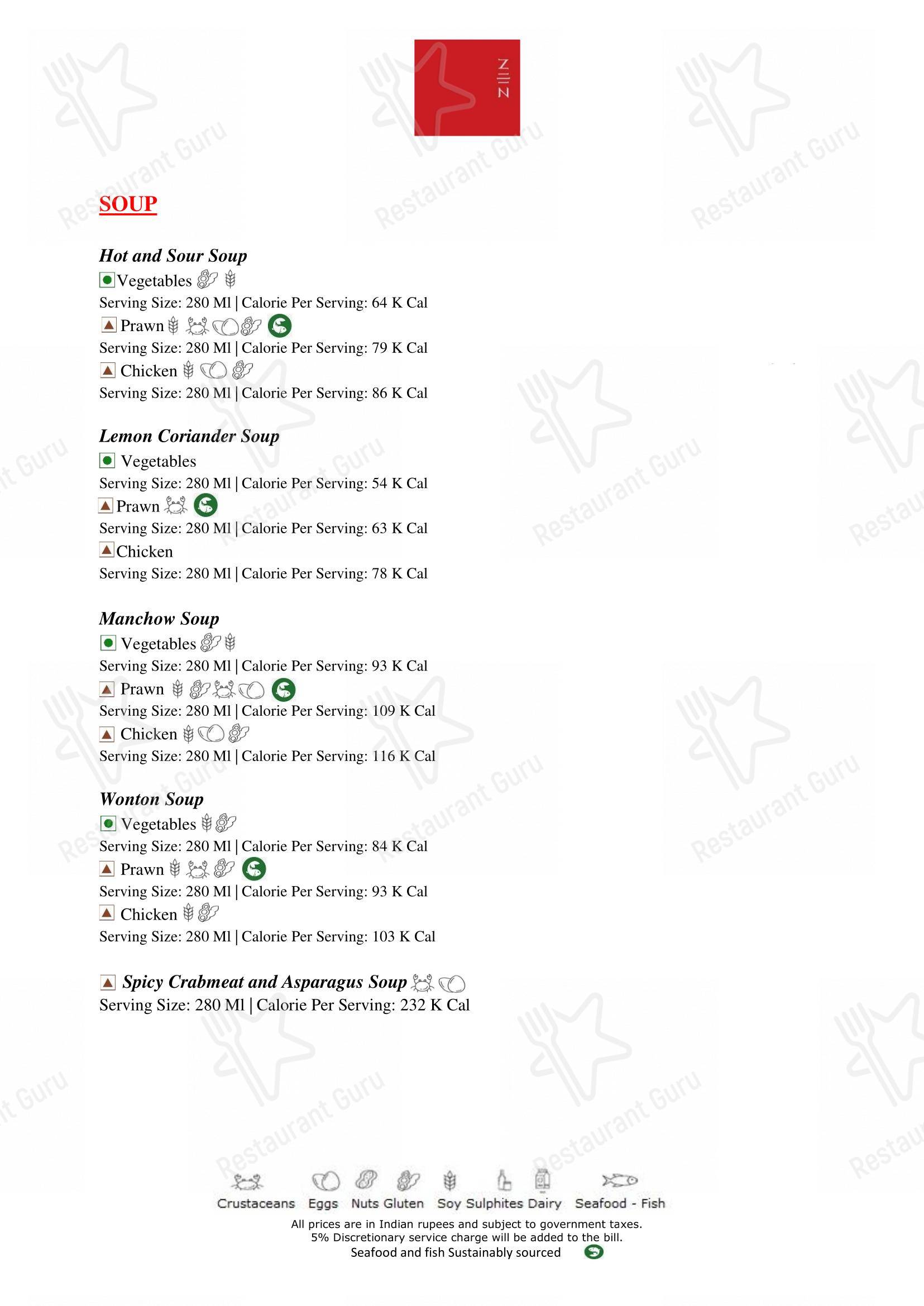 Menu for the Zen restaurant