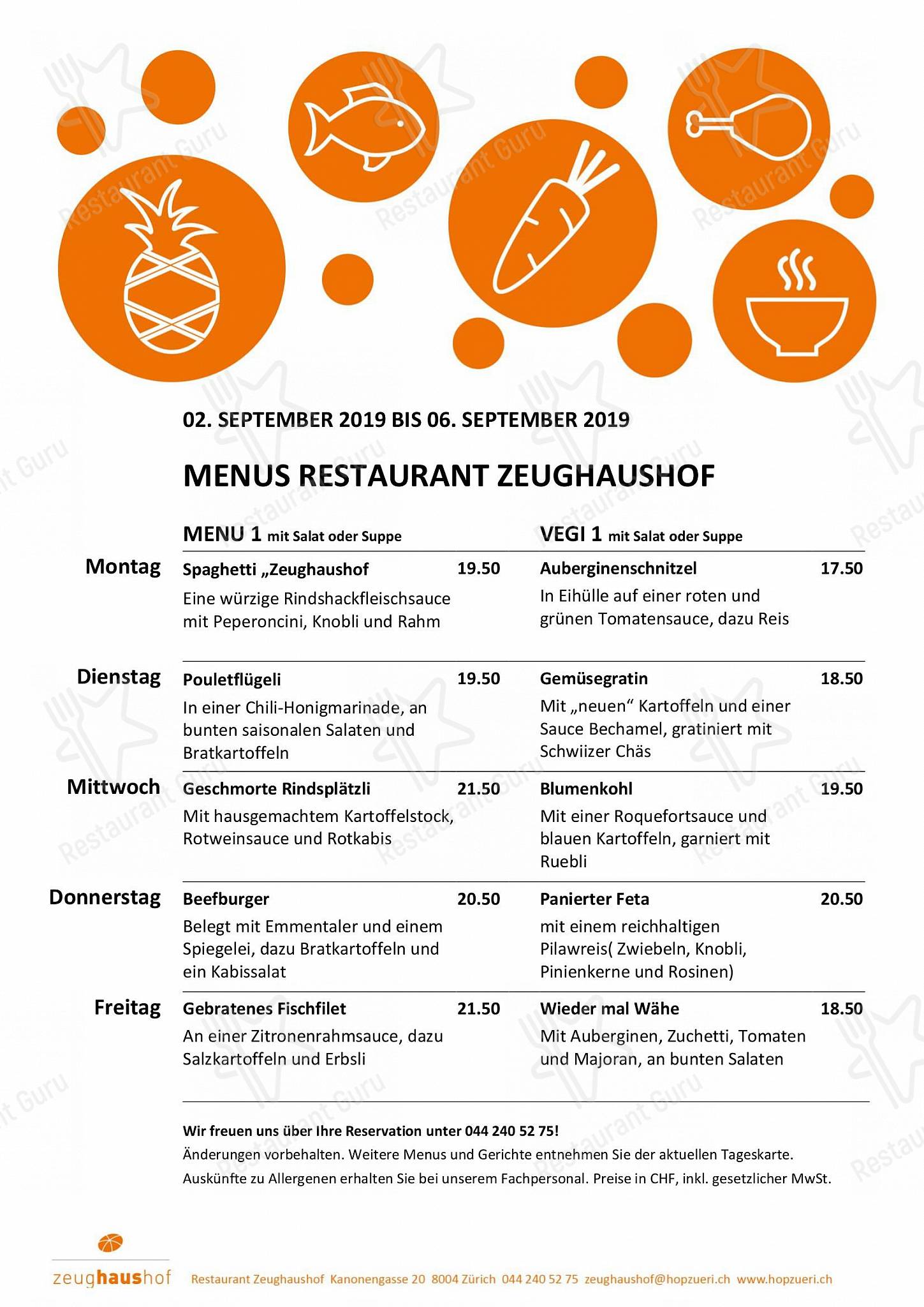 Menu di Restaurant Zeughaushof - Takeaway Menu