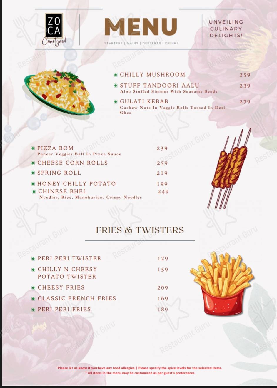 Zoca Courtyard Barmer menu - meals and drinks