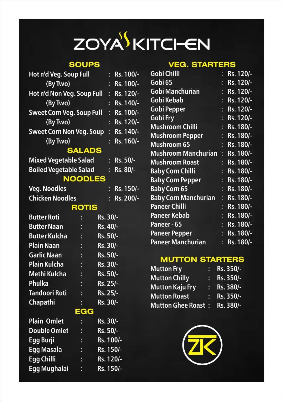 Zoyas Kitchen menu