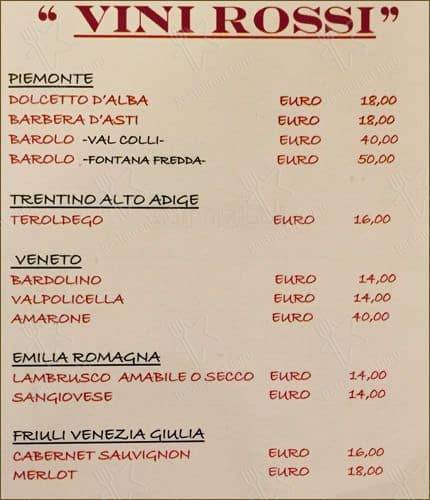 Menu de La Famigliola