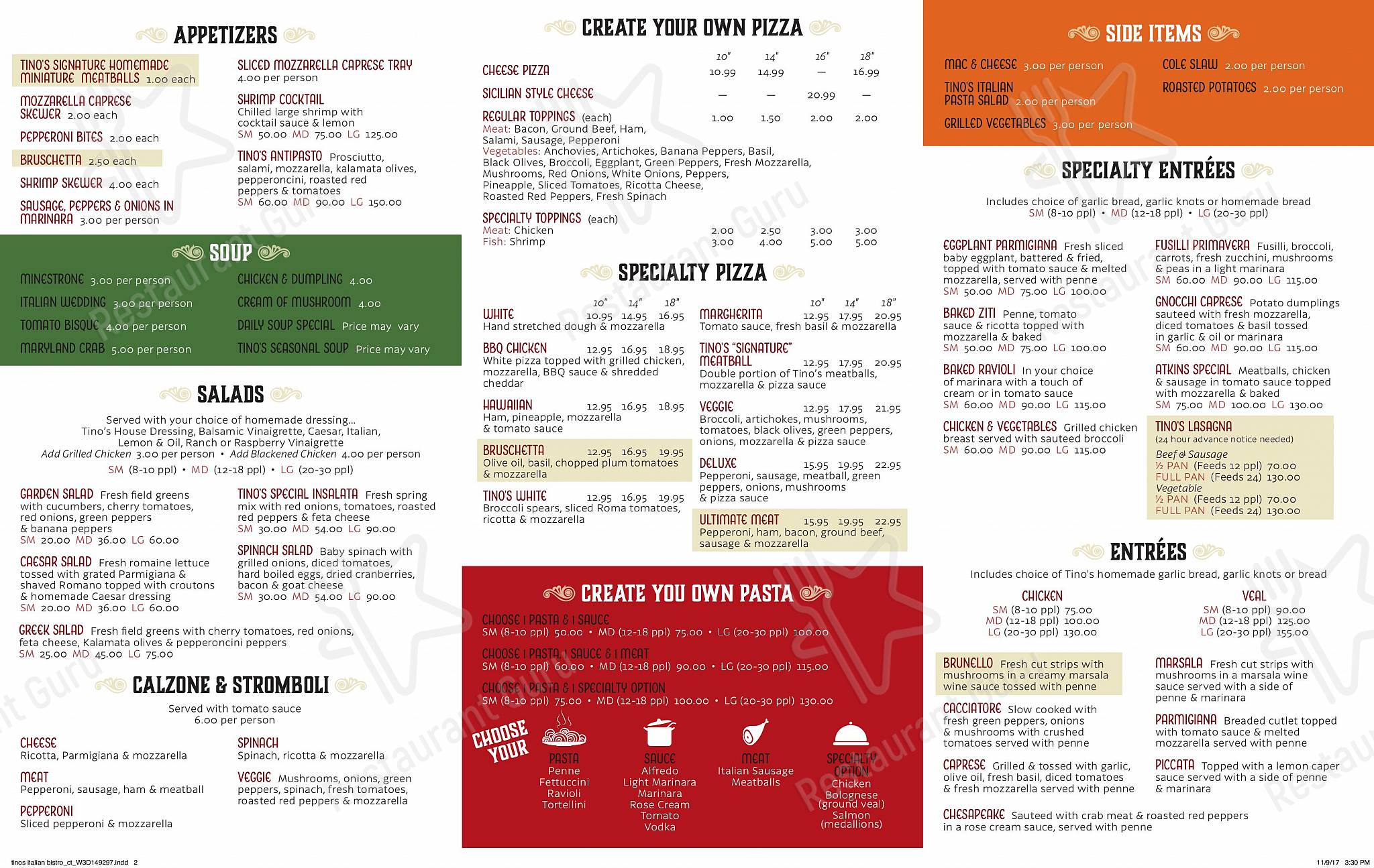 Menu at Tino's Italian Bistro & Wine Bar, Columbia