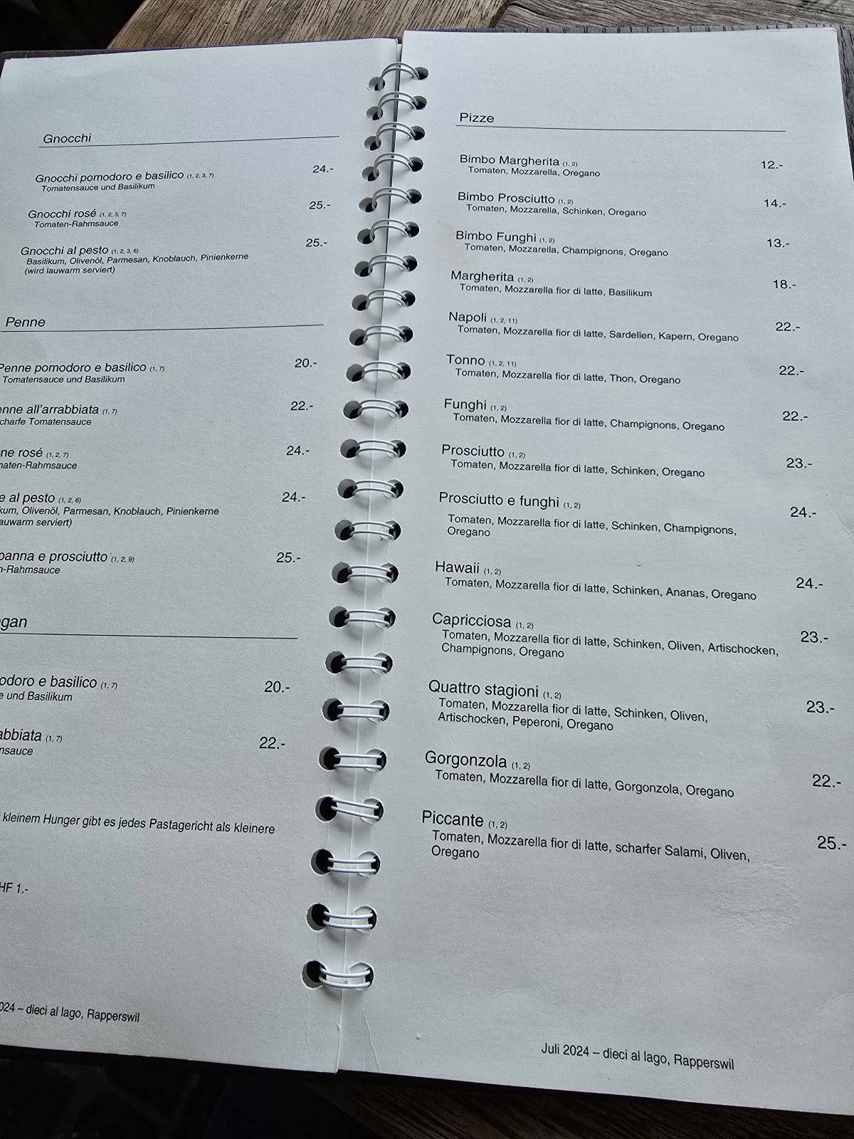 Menu di dieci Pizza&Pasta Restaurant Rapperswil 