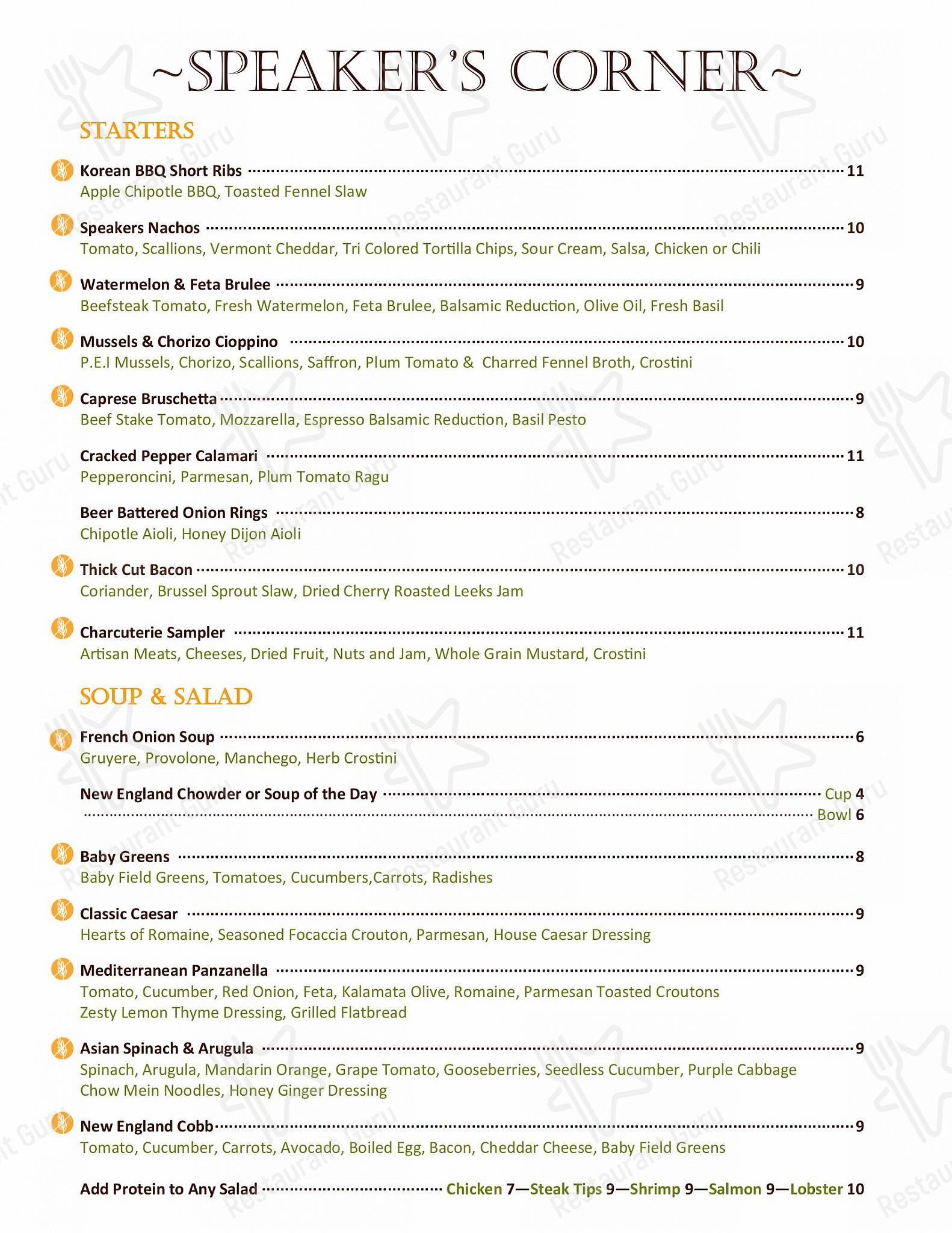 Menu at Speaker's pub & bar, Nashua