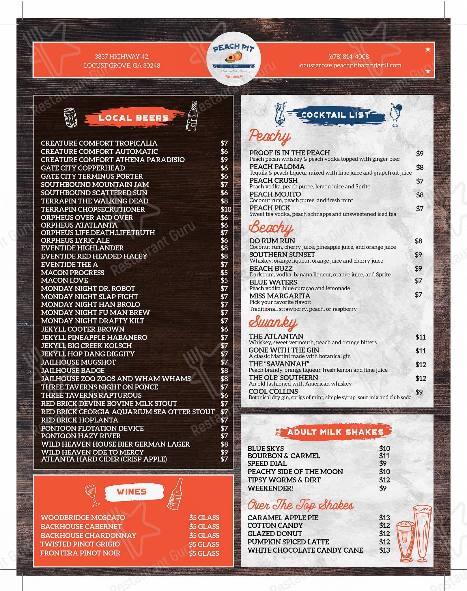 Menu at Peach Pit Bar + Grill, Locust Grove