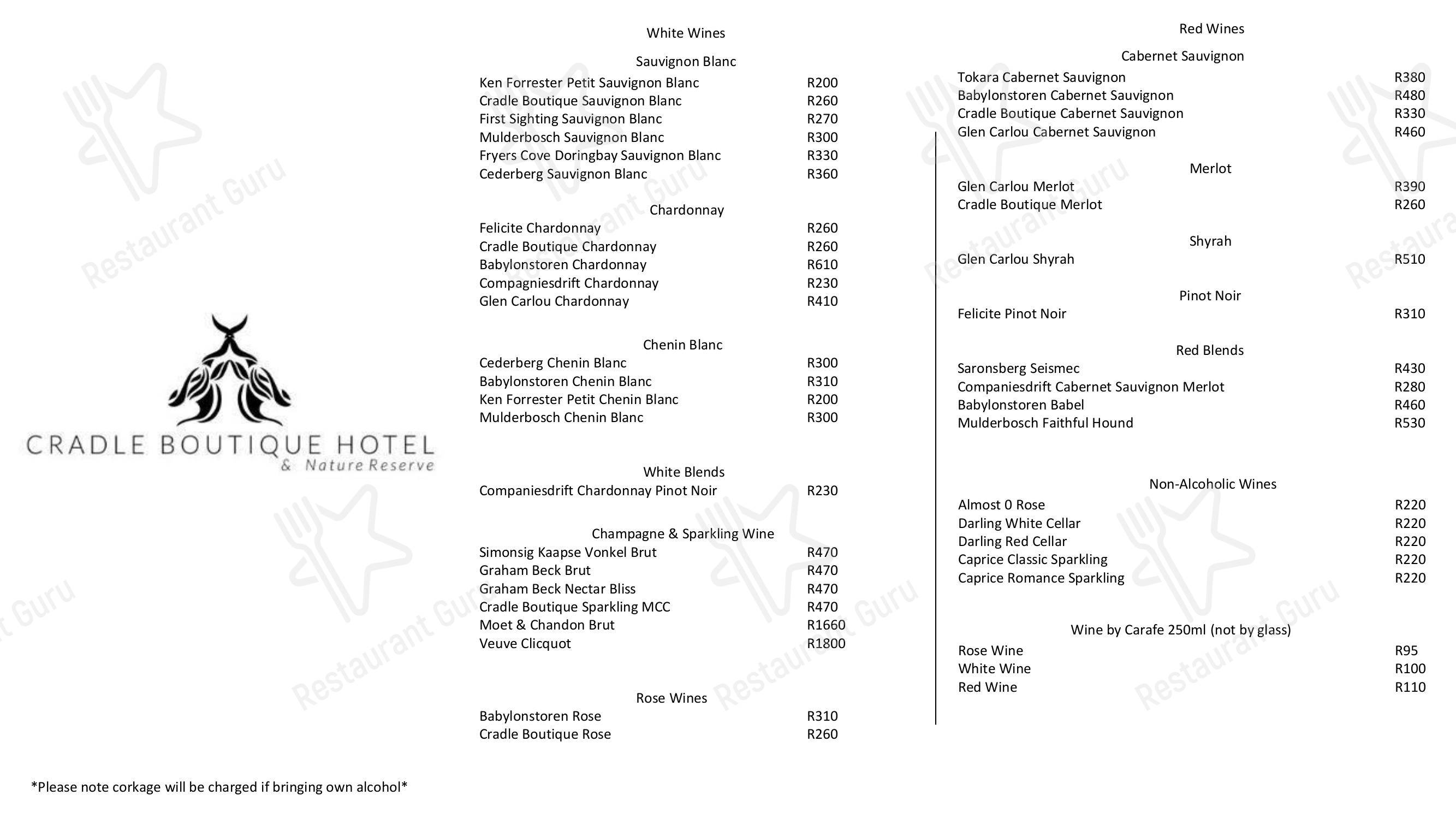 Menu at The Cradle Restaurant at Cradle Boutique Hotel, Krugersdorp